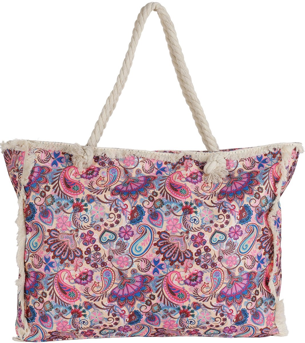 Ultiluxe® XXL Strandtas met Bladeren - Schoudertas voor Dames - Grote Shopper met Franjes - 50 x 40 x 10 cm - Damestas - Roze/beige
