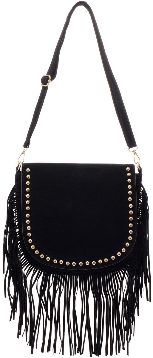 Ultiluxe® Schoudertas voor Dames - Crossbody tas met Franjes en Studs - PU leren Damestas - 30 x 27 cm - Zwart