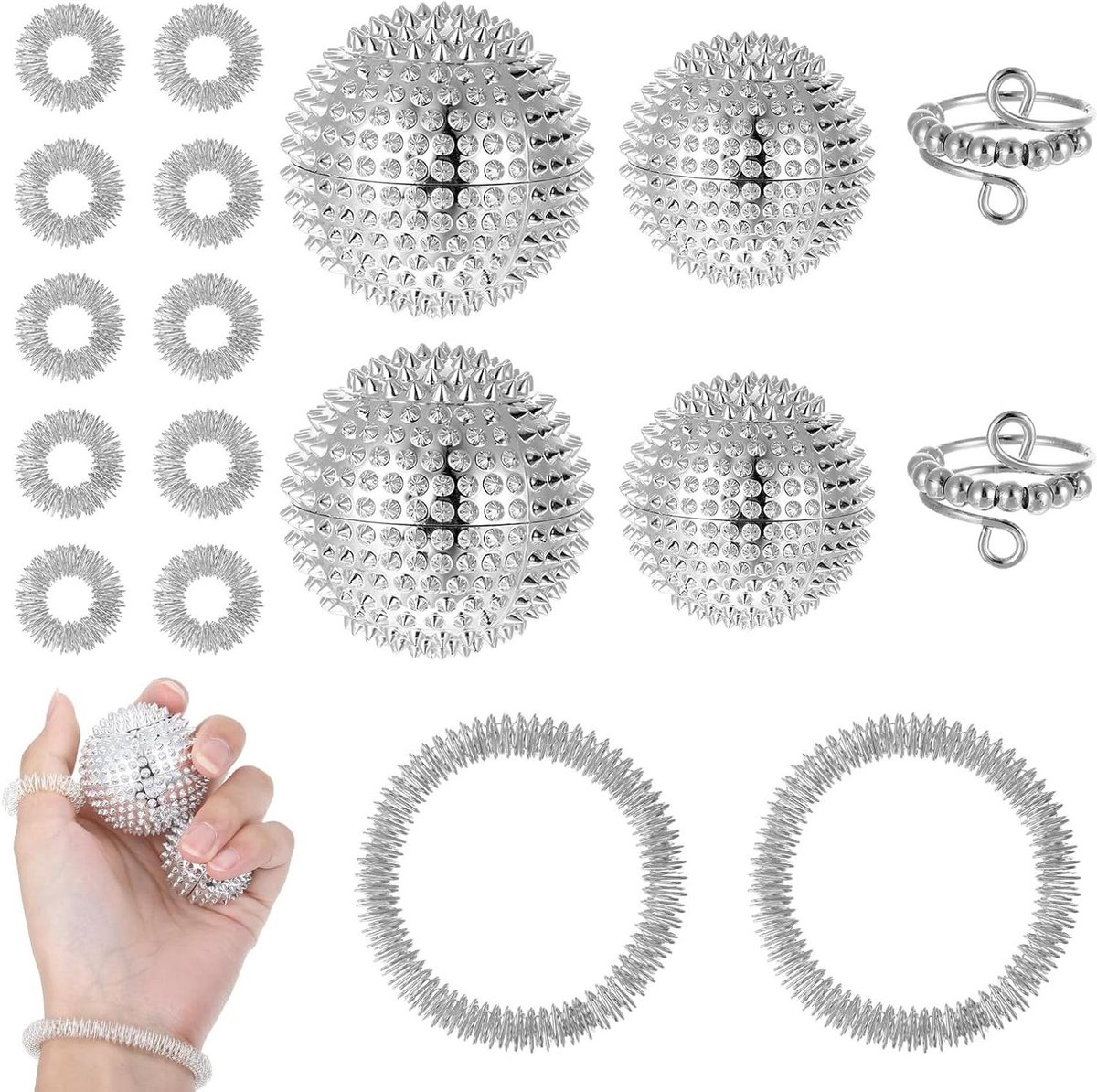 Acupressuur Ring Set - Egelbal Massage - Stressvermindering Handen - Veelzijdige Combinatie - Eén Maat - Zilver