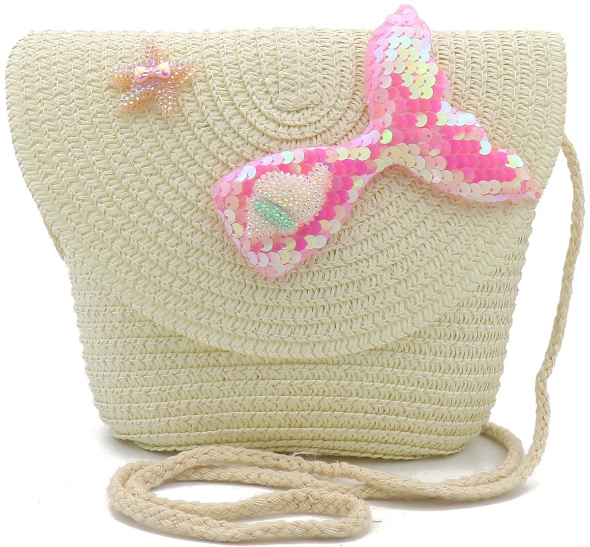 Ultiluxe® Crossbody tas met Zeemeermin - Schoudertas voor kinderen - Woven tas voor meisjes - 19 x 15 x 5.5 cm - Beige