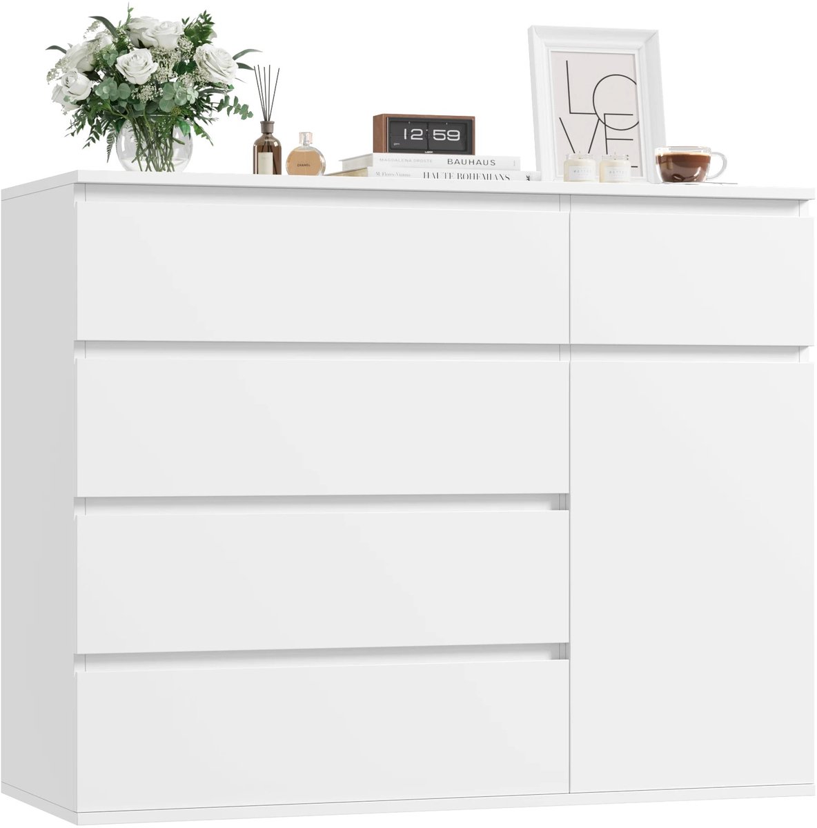 NordHaus Ladekast - Opbergkast Slaapkamer - Houten Dressoir - 5 Lades en Kastvak - Grote Opbergruimte 100x80x40 cm-Kleur Wit