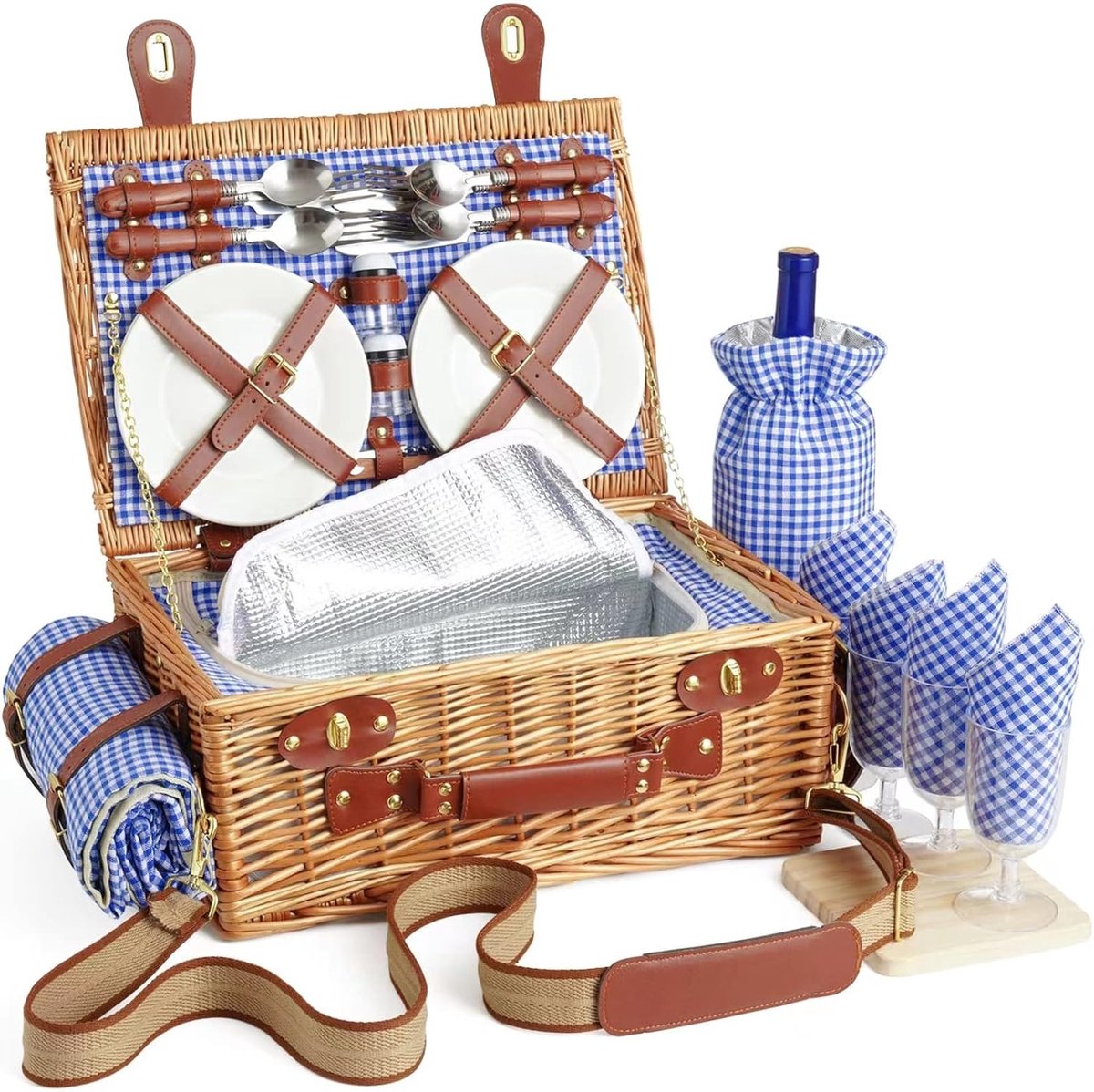 Picknickmand met Koelvak en Waterdichte Picknickdeken en Afneembare Riem - Picknick Mandje - Boodschappenmand - Fruitmand - Winkelmand - Rieten Mand - Wilgenhout - Geel - 17,8 x 43,2 x 29 cm - van Imperatoris