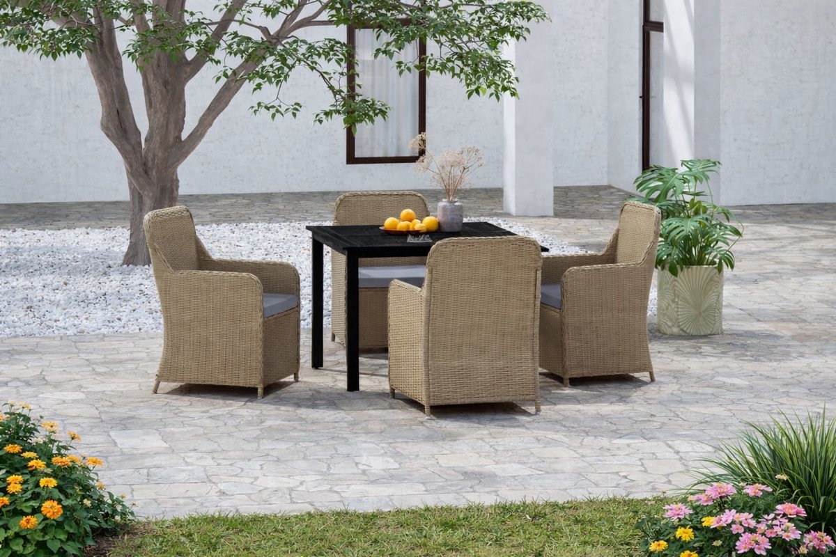 Tuin Eettafel Set 5-Delig met 4 Stoelen en Tafel 80x80x74 cm – Poly-Rattan Bruin/Zwart met Kussens & Glasplaat – Balkon & Terras Meubelset Weerbestendig – Urbanhome