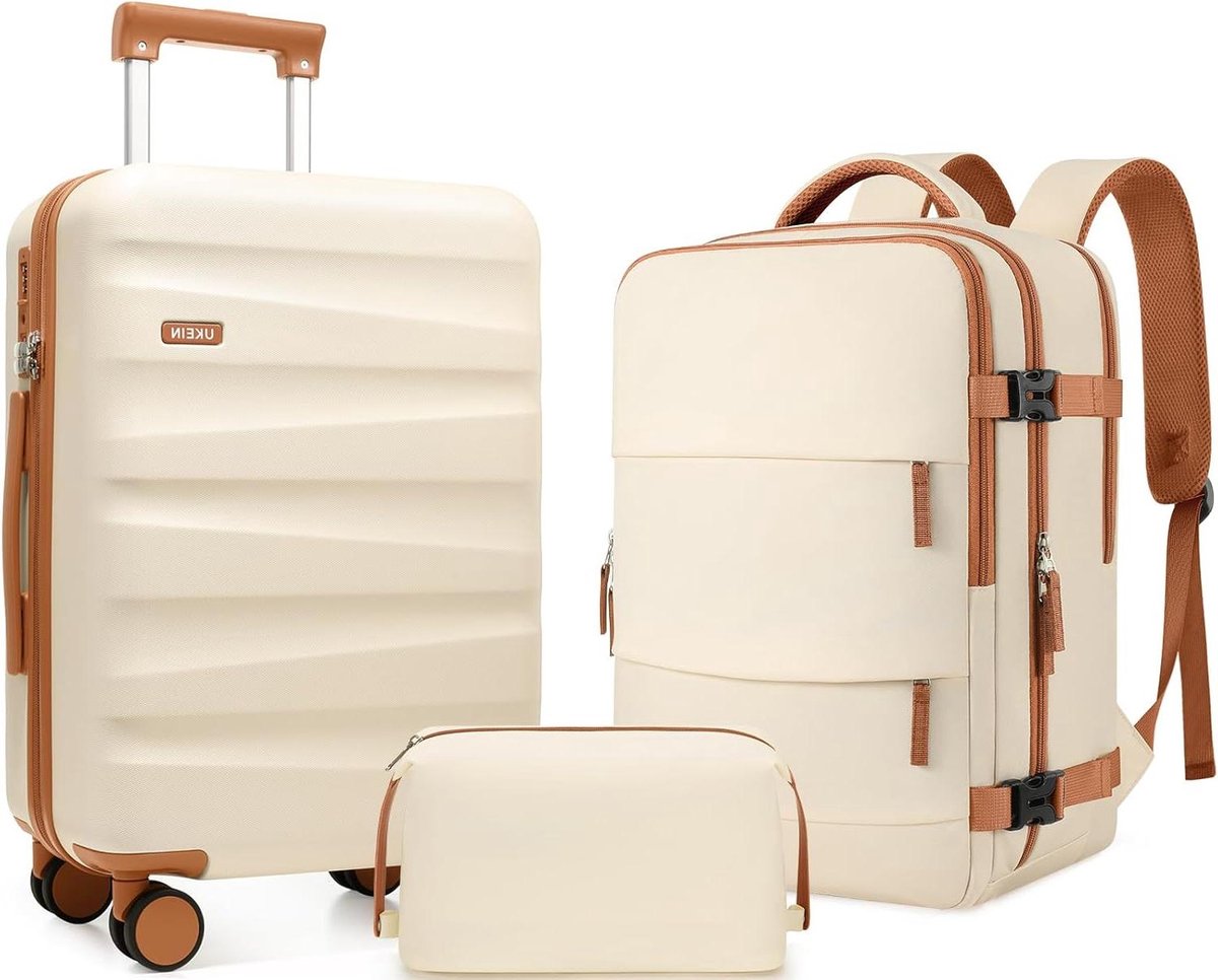 Reisbagage Set - Koffer met Rugzak - Vakantie en Zakenreis - Lichtgewicht Polycarbonaat - 20 Inch Handbagage - Beige