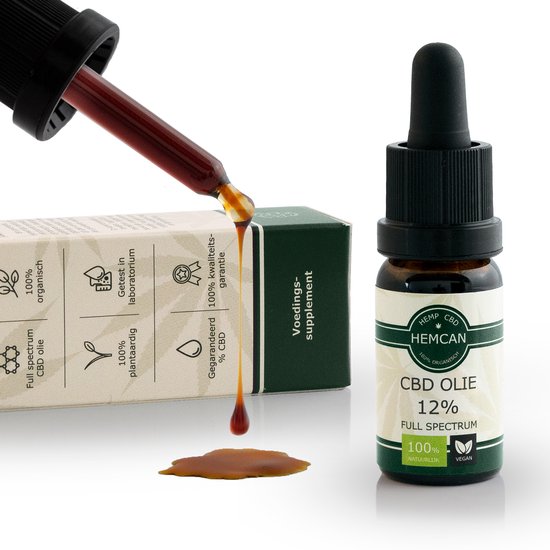 Donkerbruine CBD olie druppelt uit een pipet op een flesje met 12% CBD olie van HEMCAN. Flesje en verpakking in het groen met witte tekst.