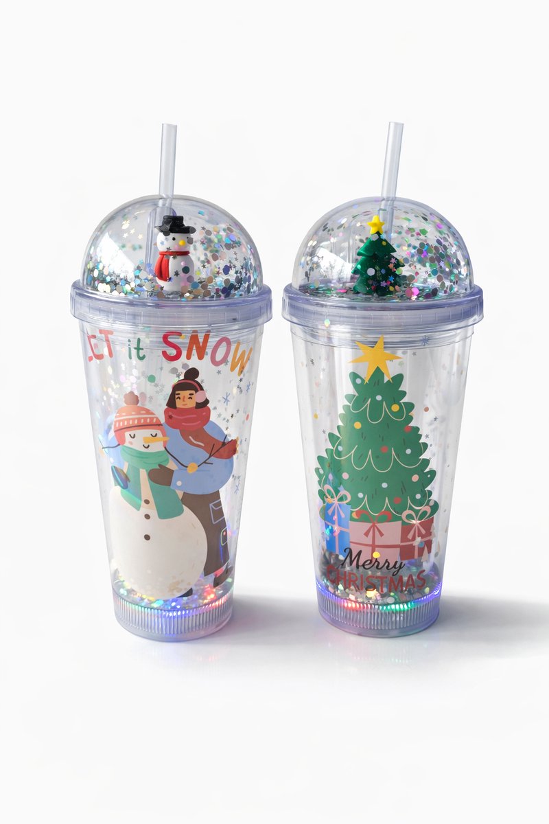 EasyMart Kerst Drinkbekers Set van 2 met Rietje en Glitters – LED Bekers incl. Batterijen – Sneeuwpop & Kerstboom