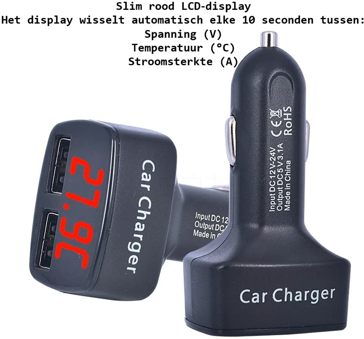 Han-Bar® 4-in-1 Autolader met Snelladen (3,1A) - Dubbele USB-Poort - LCD-Display – Spannings - Temperatuur - Stroommeter