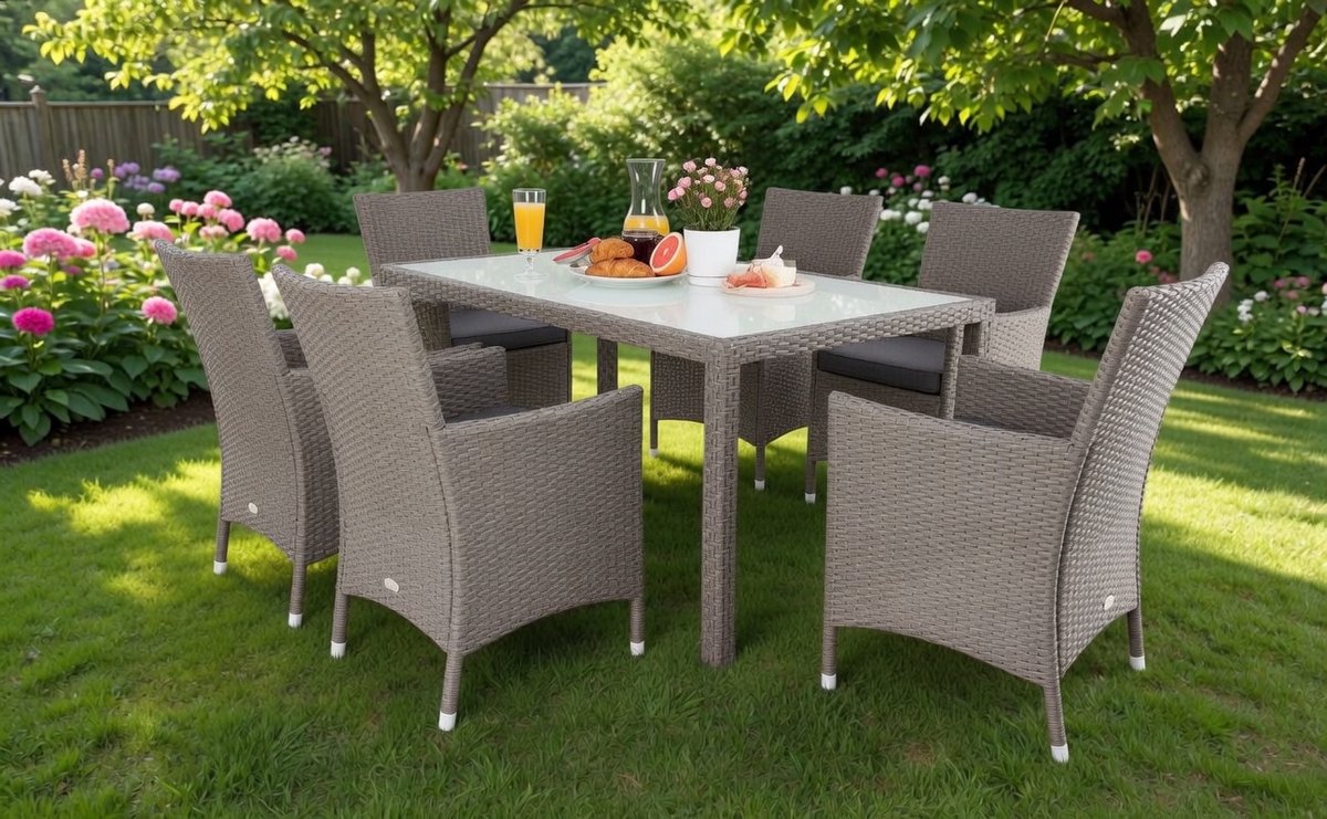 Lounge tuinmeubelset Depauwonen Verona – 8-persoons rieten zitgroep voor tuin en terras, verstelbare tafel met glasplaat, 8 stoelen met comfortabele kussens – polyrotan rotan-look grijs, modern design