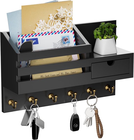 Key Rack, Key Rack with 6 Hooks and Storage Drawer, Wall Key Hooks ...
