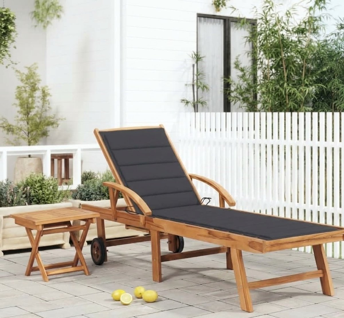 Luxe Teakhouten Tuinligbed met Tafel en Kussen – Verstelbare Outdoor Lounger 200x65x35 cm Weerbestendig & Duurzaam