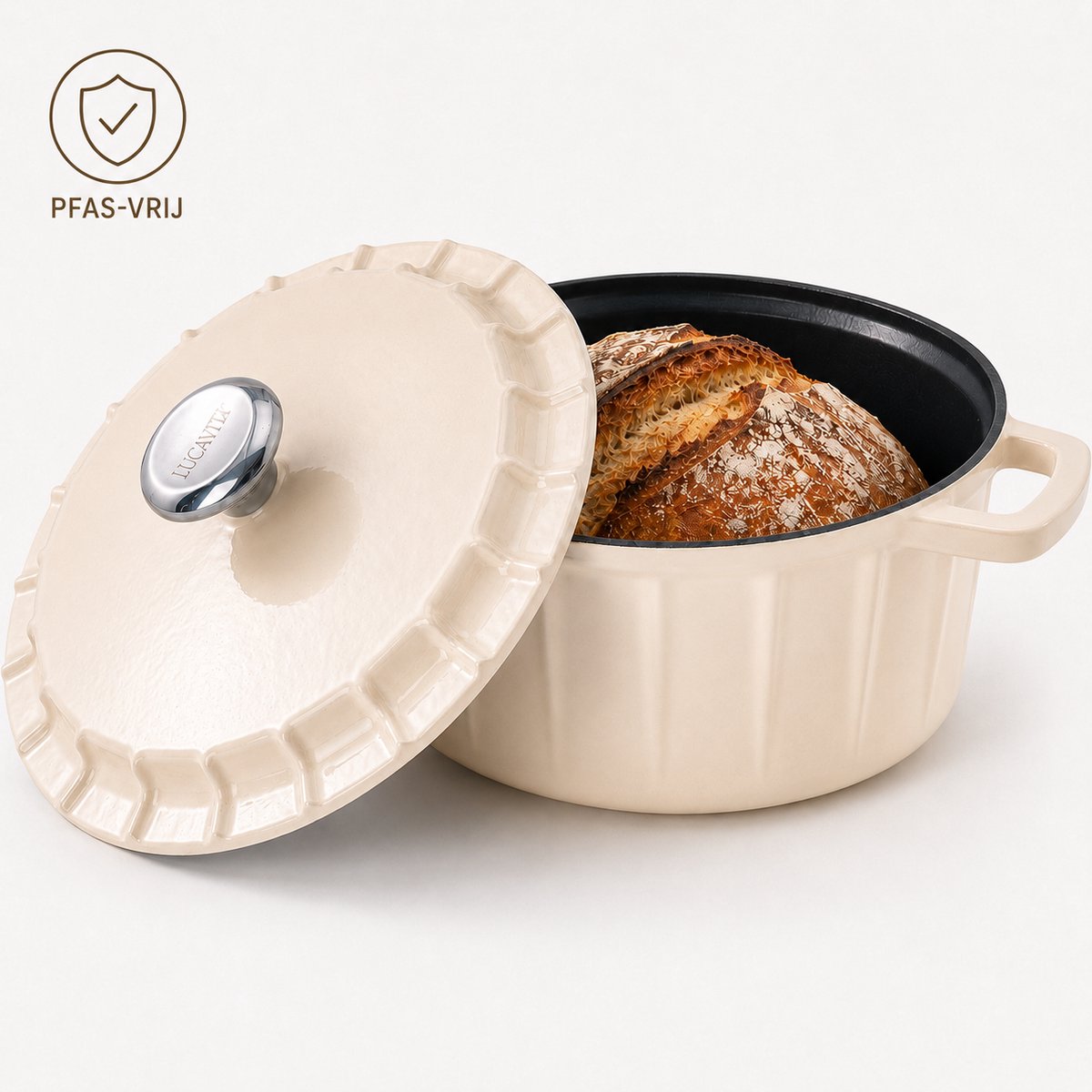 LUCAVITA® Gietijzeren Emaille Braadpan ⌀ 24cm - 3.4L - Stoofpot - Pan - Broodpan - Broodbakbol - Kook - Sudder - Dutch Oven - Inductie - Deksel