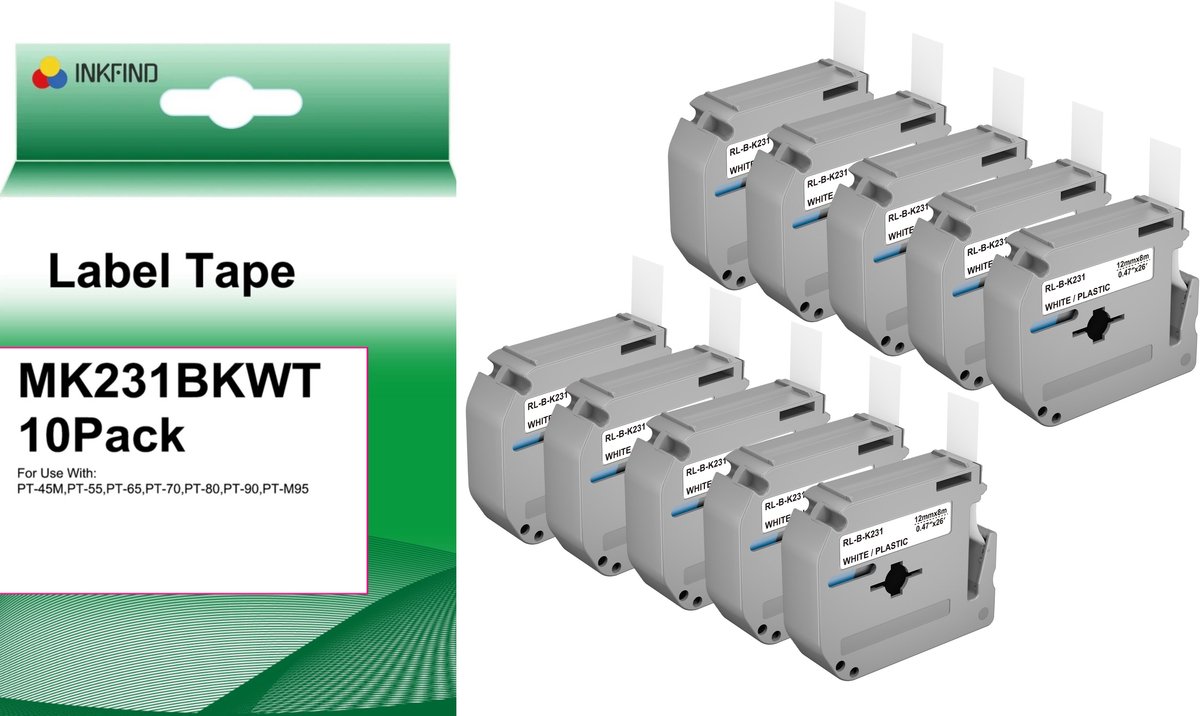 INKFIND M-K231 Labeltape Compatible 10 Pack - 12mm x 8 m Geschikt voor Brother Labelwriter
