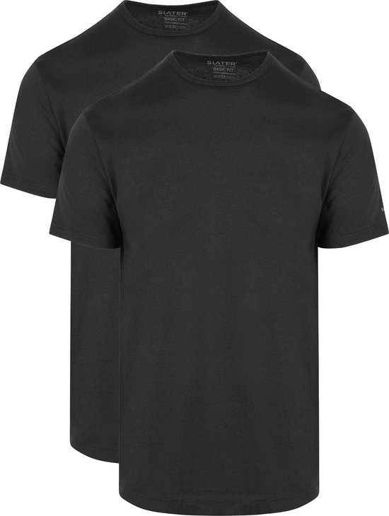 Twee zwarte basic T-shirts met korte mouwen en ronde hals, merk Slater.