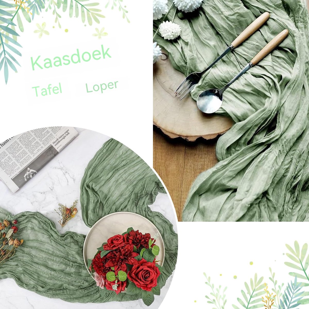 carmdering - Tafelloper - Tafelkleed - Boho Tafellinnen - Eukalyptusgroene Kleur - Grote Afmeting 90x300cm - 100% Polyester - Fadenvaste Randen - Veelzijdig Voor Rond En Rechthoekig - 6 Stuks