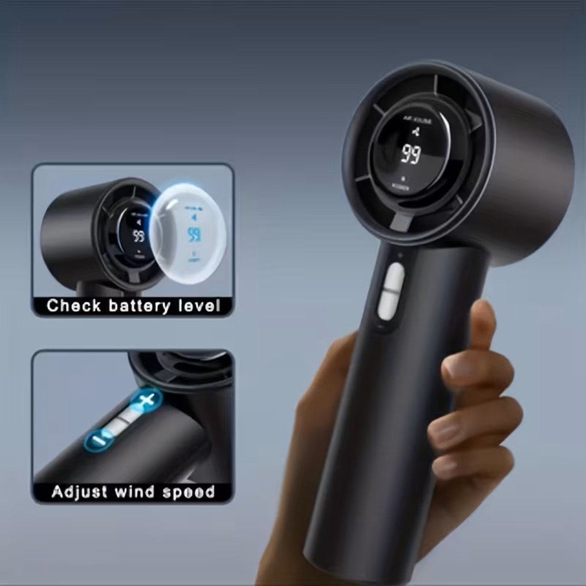 STNY Digitale Ventilator - Usb Oplaadbare High-Speed Fan - Polsbandje + Hand + Tafel Ventilator - Digitale Batterij Indicator + Digitale standen/modi's - Voor de Ultieme Verkoeling - Kleur: Zwart thumbnail 2