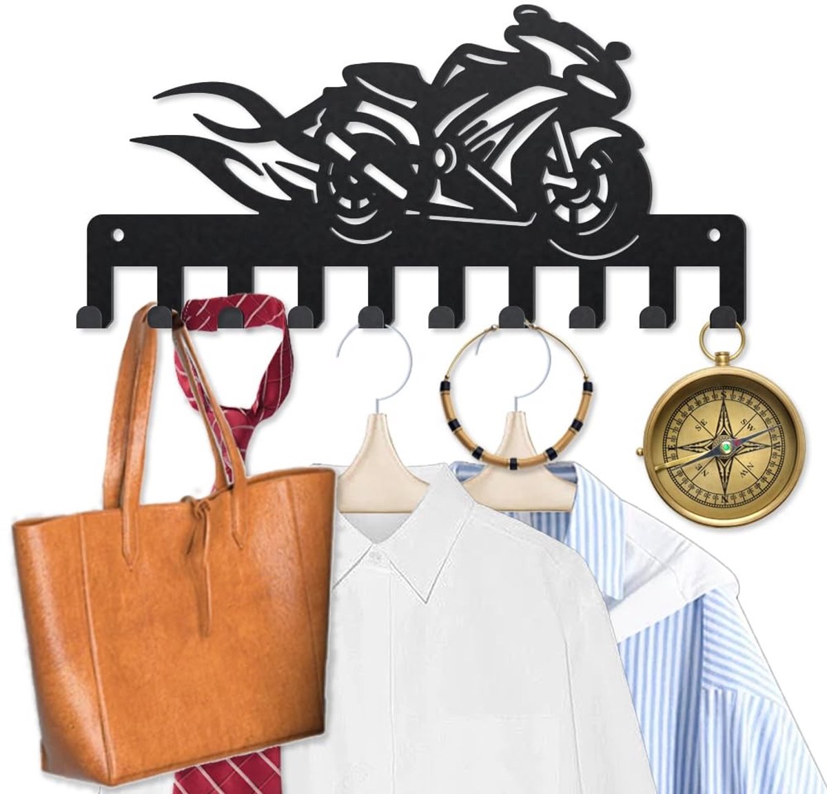 Dailygoods- Kledinghaak Metalen Motorfiets - Wandmontage - Sleutelrek - 10 Haken - Zwarte Kunst - 40 × 25 cm - Wandhaak