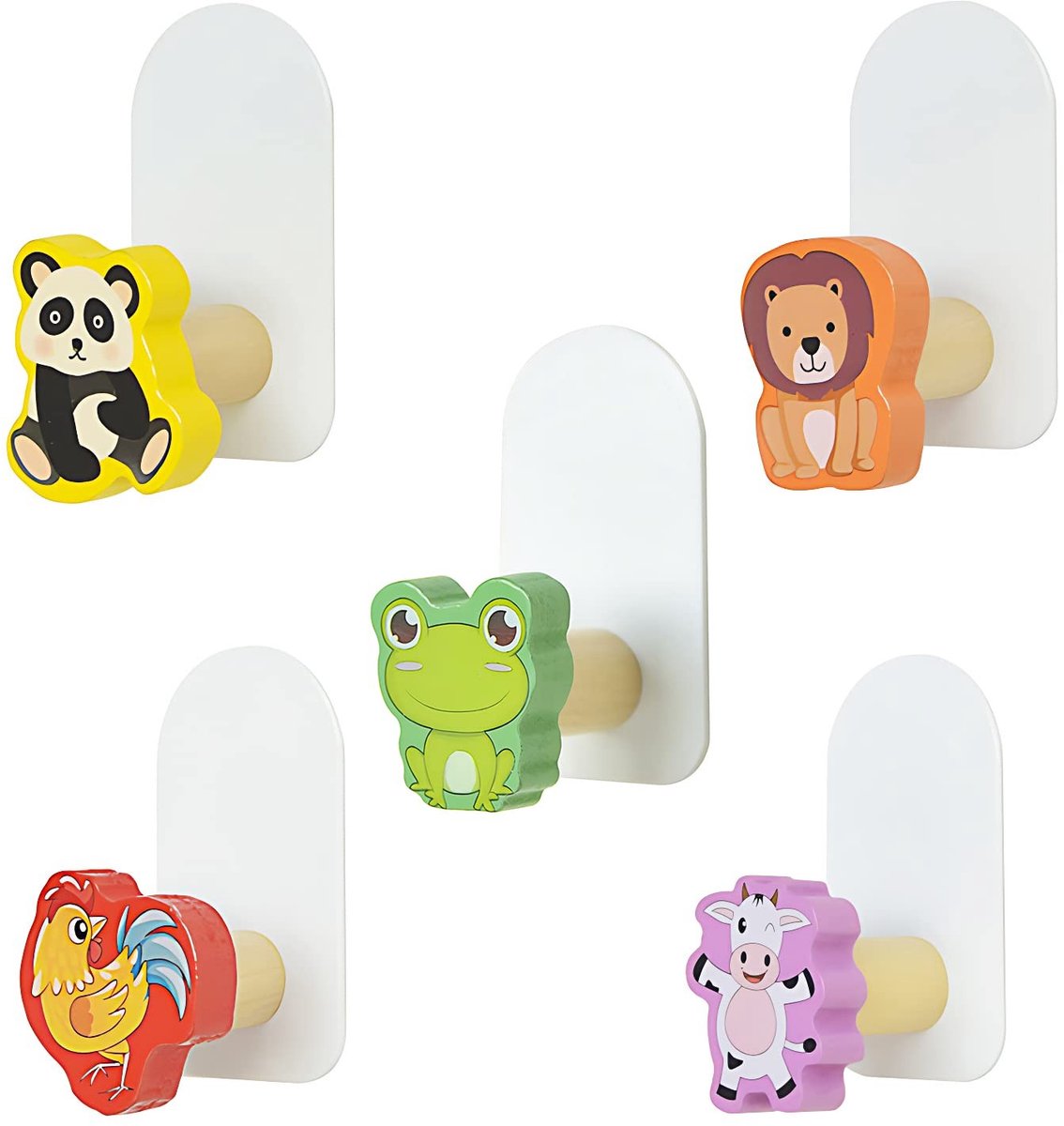 Dailygoods- Garderobehaken Zelfklevend - Houten Wandhaken - Dierenpatronen - 5 Stuks - Duurzaam - Voor Kinderen