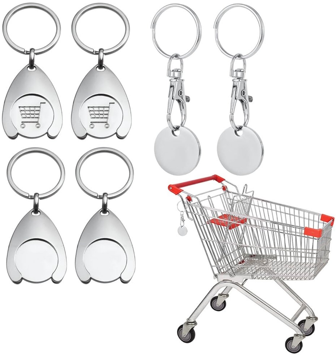 Dailygoods- Winkelwagenmuntje 6 Stuks - Afneembare Winkelwagenchip - Sleutelhanger - Roestvrij Staal - Zilver - 4,1 x 3,2 cm / 5,5 x 3,2 cm - Winkelwagentoken