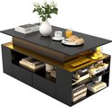 Zwarte salontafel met lift-bureau, met witte bloemen, ontbijt en goudkleurige afstandsbediening.