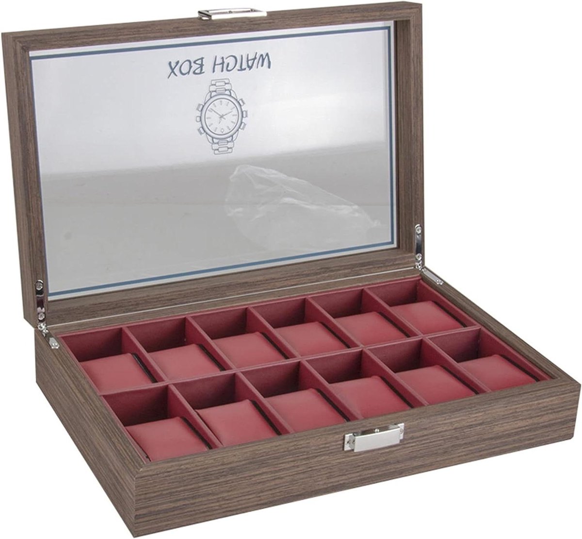 horloge doos organizer, Heren Vintage Hout 12 Roosters Horloge Doos Sieraden Display Opbergcase Organizer Duidelijke Deksel Afsluitbare Armband Sieraden Houder Dienblad herenhorloge display opbergdoos