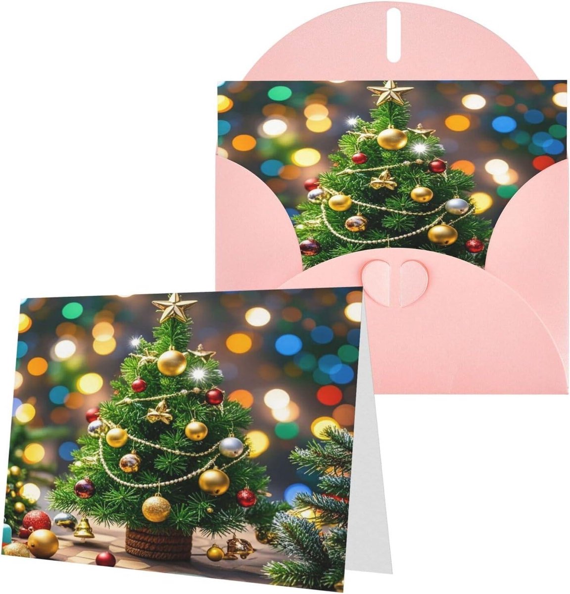 Wenskaarten Kerstboom Klokken - Lege Kaarten Enveloppen - Alle Gelegenheden - Parel Papier Effect - 4 X 6 Inch - Roze