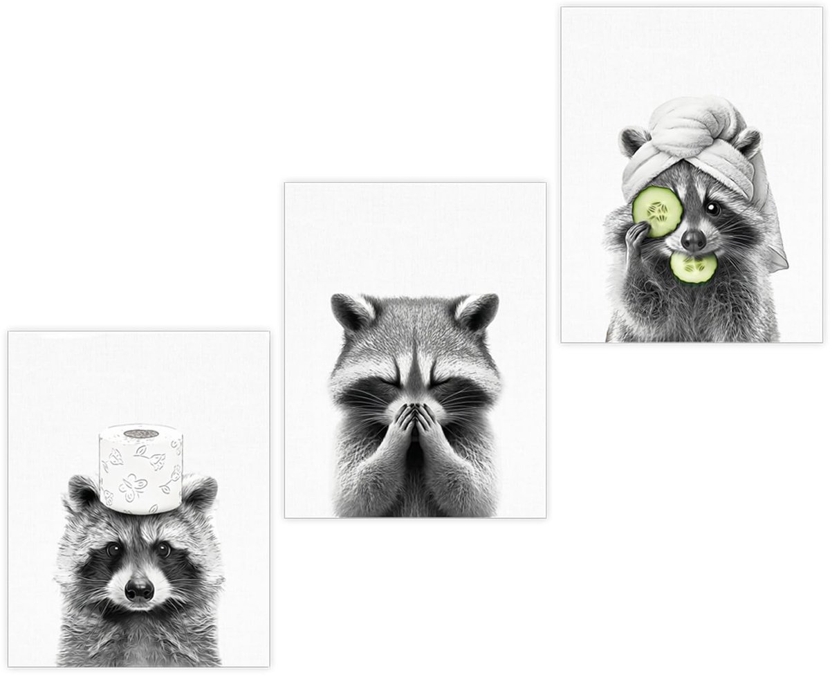 Dailygoods- Posters A4-formaat - 3 stuks - Schattige Wasbeer - Badkamer Wanddecoratie - Waterdicht Canvas - Frameloos en Flexibel