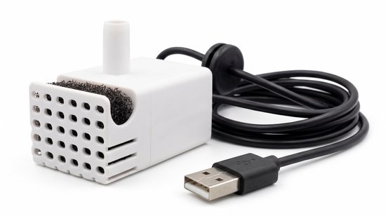 Pompe à eau blanche avec filtre en mousse noire, sortie verticale et câble d'alimentation USB noir.