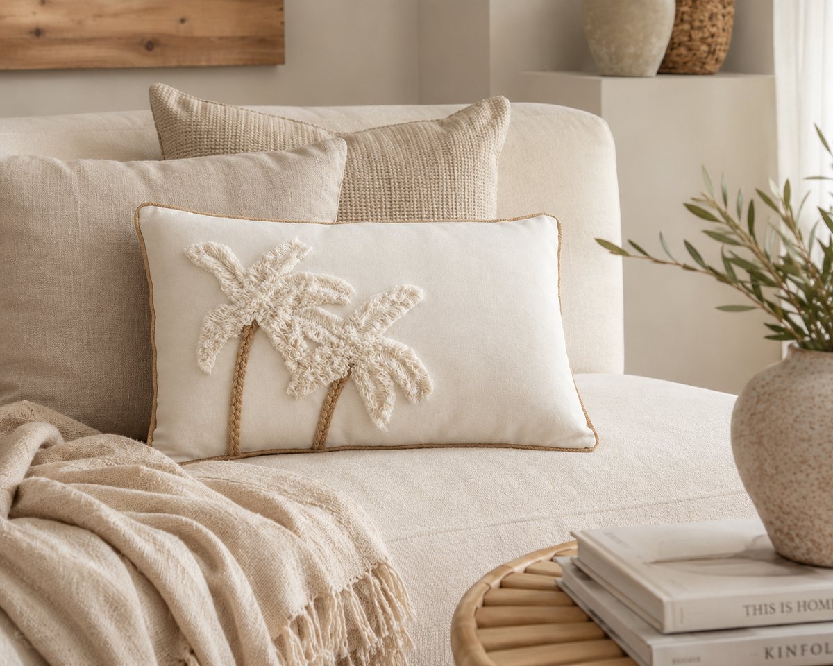 Sahara Sierkussen 30 x 50 cm – Palmboom Design – Getuft Katoen – Naturel/Crème