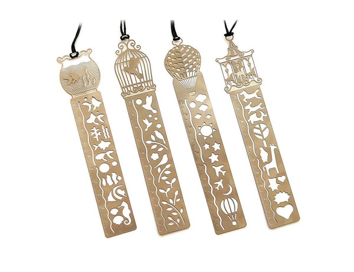 Dailygoods- Bladwijzerset 4 Stuks - Uitgeholde Metalen Bladwijzers - Tekensjabloon/Liniaal - School/Kantoor - Creatieve Accessoires - Roestvrij Staal - Bladwijzer
