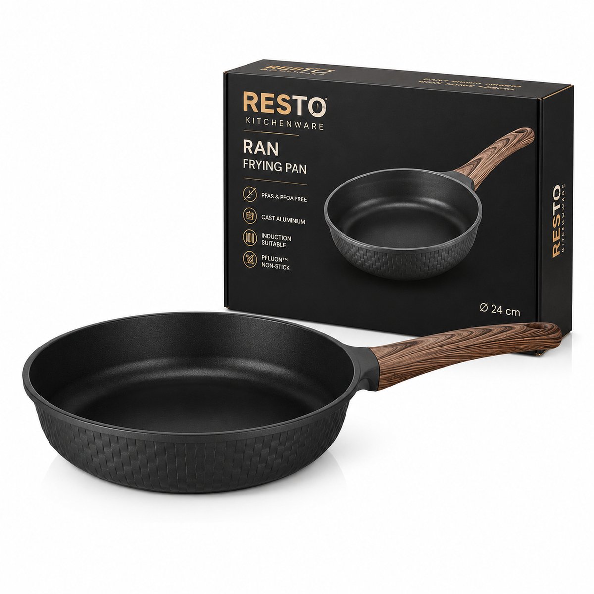 RESTO Ran Koekenpan 24 cm – Inductie Geschikt – Gegoten Aluminium – PFLUON Anti-aanbaklaag – PFAS/PFOA Vrij – Zwarte Frypan
