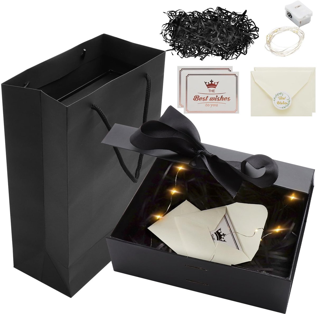Dailygoods- Geschenkdoos Luxe - Magnetisch Deksel - 21 x 17 x 7 cm - Cadeaukaart - Lint - LED-Lichtketting - Cadeauverpakking