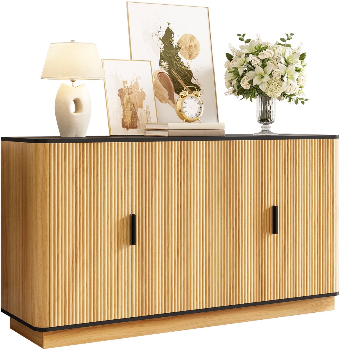 Clruro Dressoir - 4 Deuren - Verticale Geribbelde Front - Houtlook - Opbergruimte voor Woonkamer, Hal, Eetkamer - Houtmateriaal - Naturel