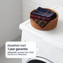 Rieten mand met gestreepte katoenen zakdoeken op een witte wasmachine, 1 jaar garantie.