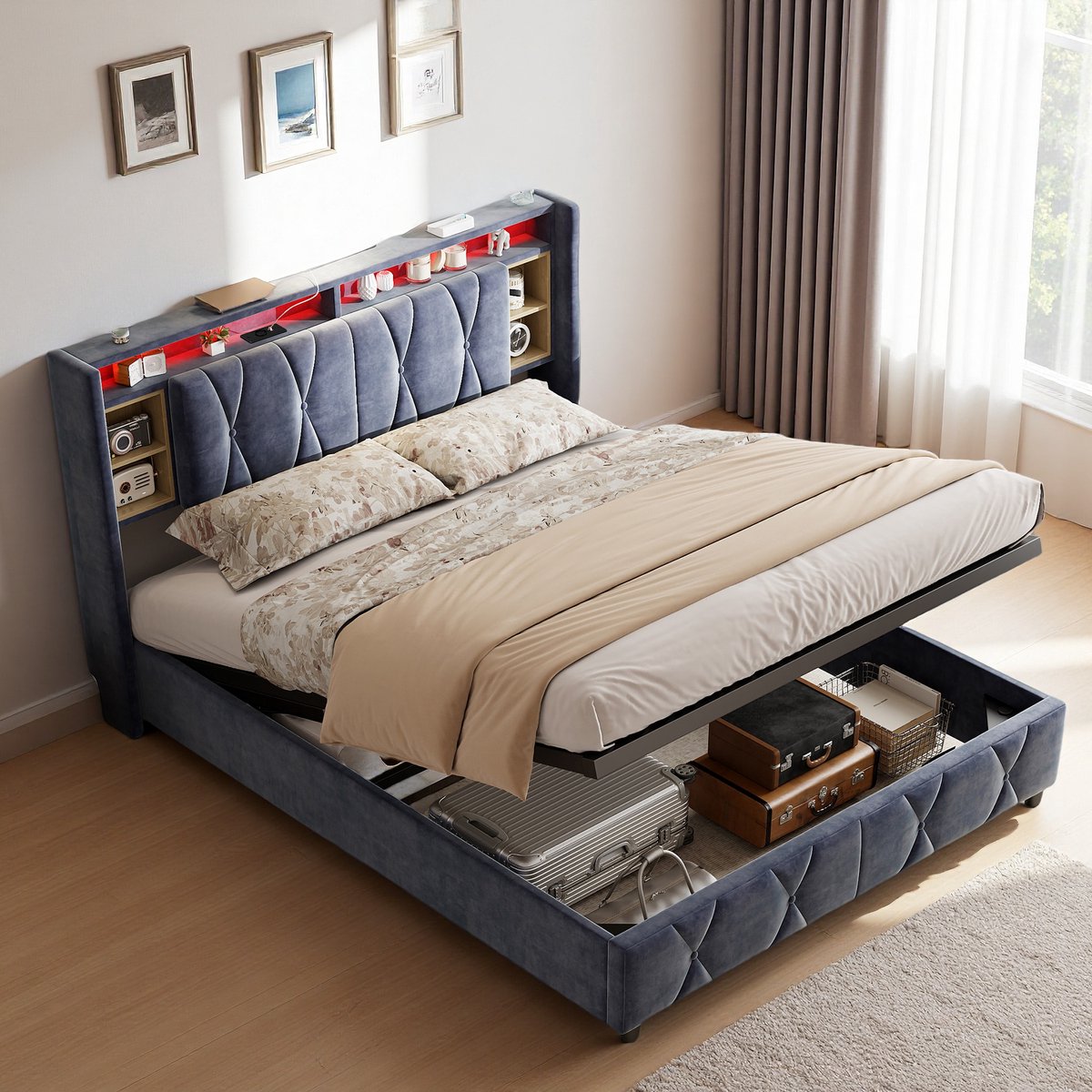 ROSAHQNDA Gestoffeerd bed met led-verlichting en usb-poort, 160x200cm, opbergbaar hoofdbord, hydraulische stang, fluweel, grijs, exclusief matras