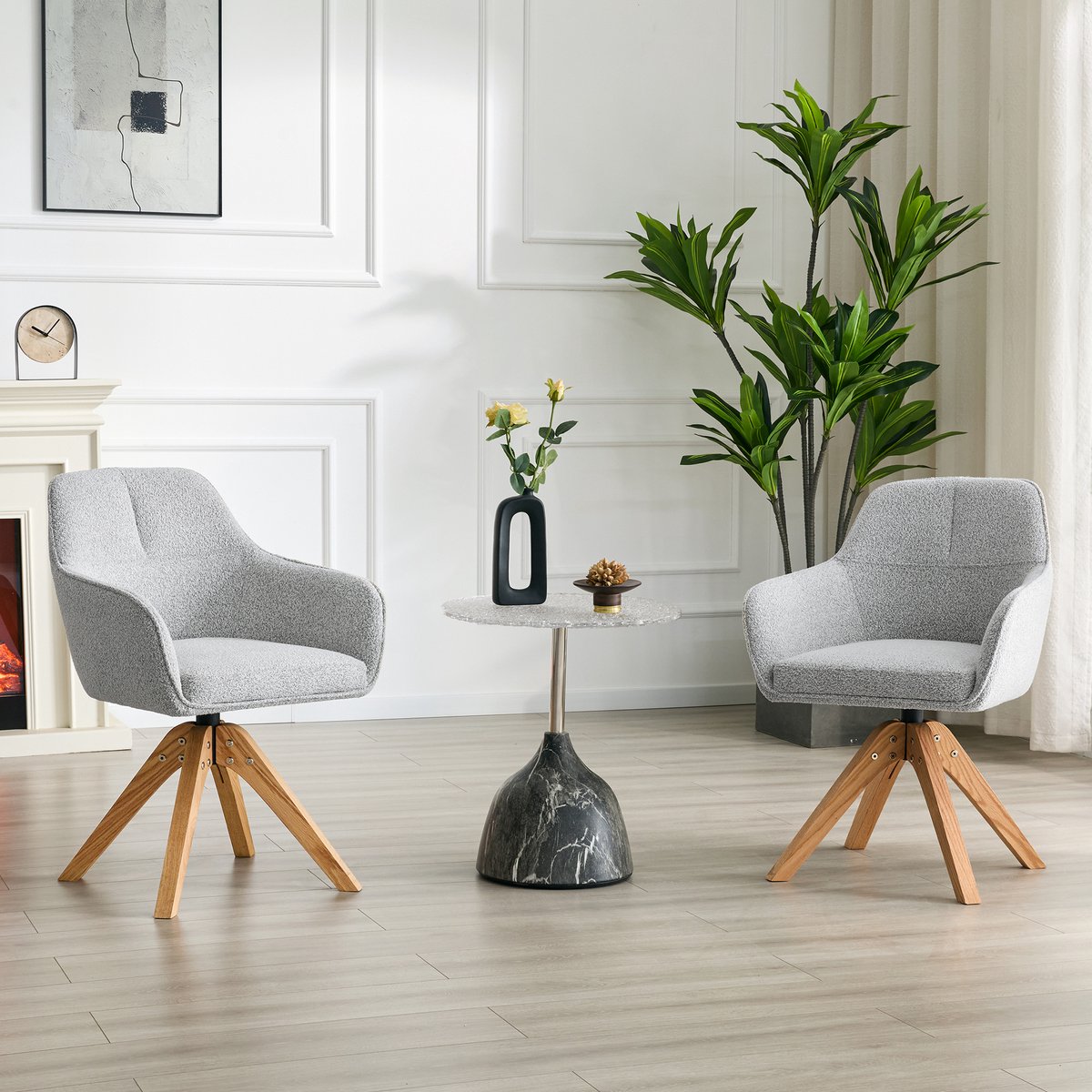 Clruro Eetkamerstoel - 2-delige set - 360° draaistoel ergonomische rugleuning - eetkamer - stof + hout - grijs / walnoot