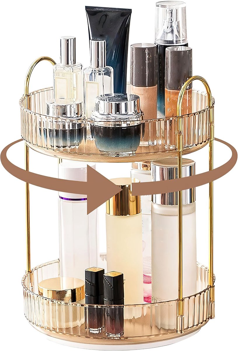 Draaibare Make-Up Organizer - 2 Laags Opbergrek - Amberkleurig Met Goudkleurig Frame - 360° Roterende Cosmetica Organizer - Voor Slaapkamer En Badkamer