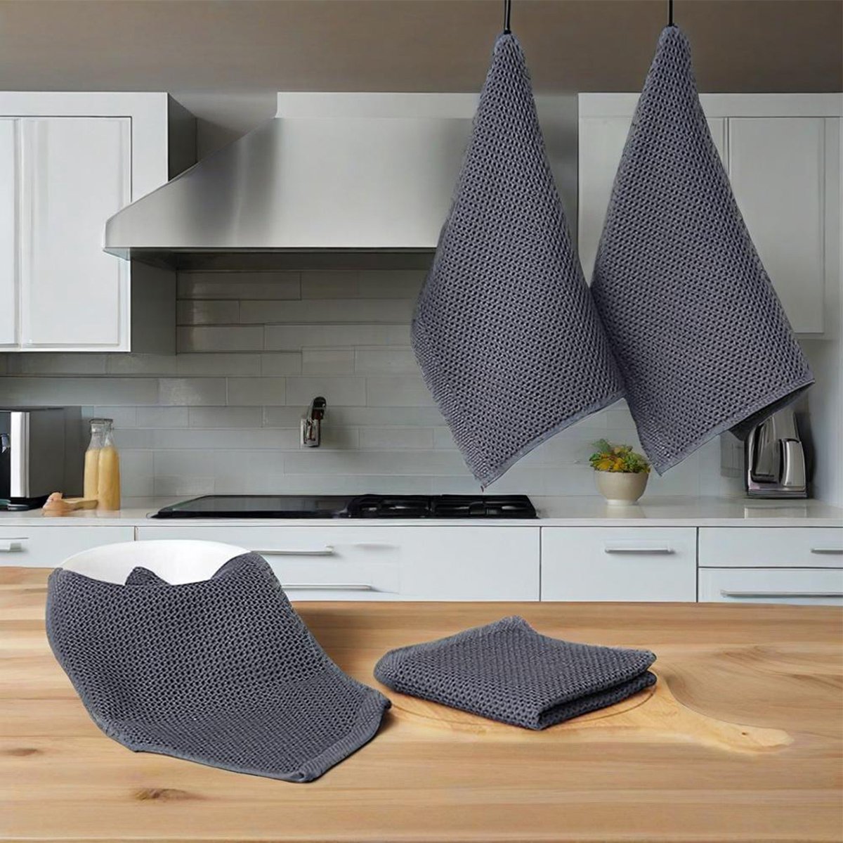 STILVORA Keukenhanddoeken – Hoog Absorberend – 34 X 34 Cm En 34 X 73 Cm – Katoen – Donkergrijst – Voor Afvegen En Drogen – Wafelpatroon