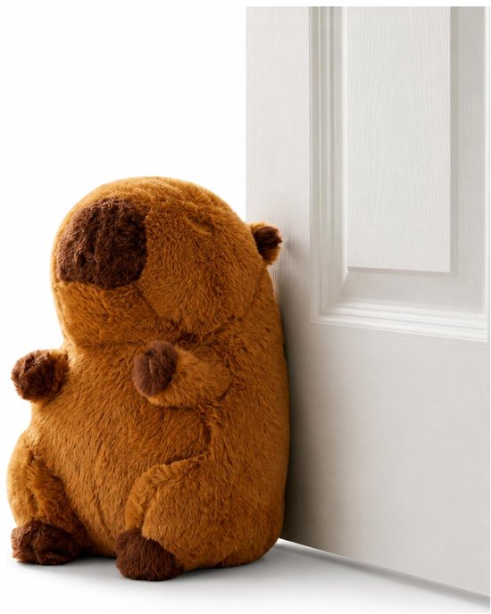 Bruine capybara deurstopper, zittend tegen een witte deur.