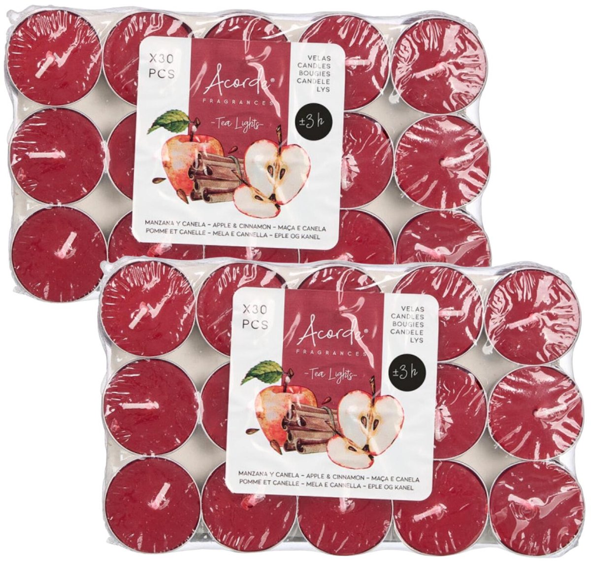 Acorde theelichtjes - appel/kaneel geur - 60x - rood - waxinelichtjes/geurkaarsen - 3 branduren Bordeaux rood