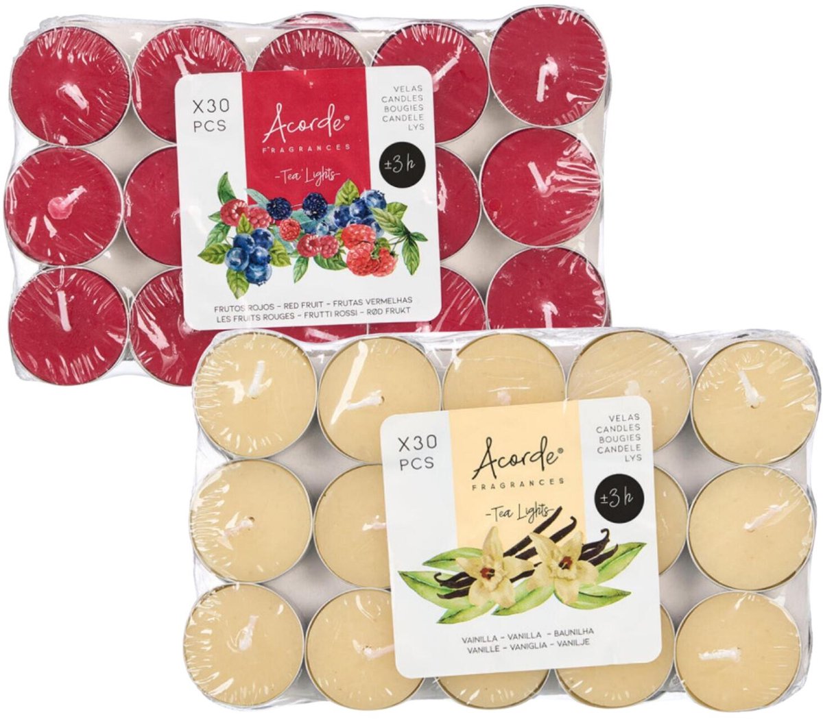 Atmosphera Acorde theelichtjes - 60x - 30x rode vruchten - 30x vanille - aroma/geurkaarsen Rood