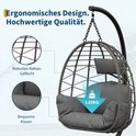 Detailafbeeldingen van de grijze hangstoel: robuust vlechtwerk en comfortabele kussens, draagvermogen 130 kg.