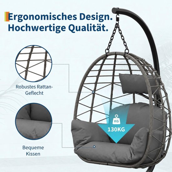 Detailafbeeldingen van de grijze hangstoel: robuust vlechtwerk en comfortabele kussens, draagvermogen 130 kg.