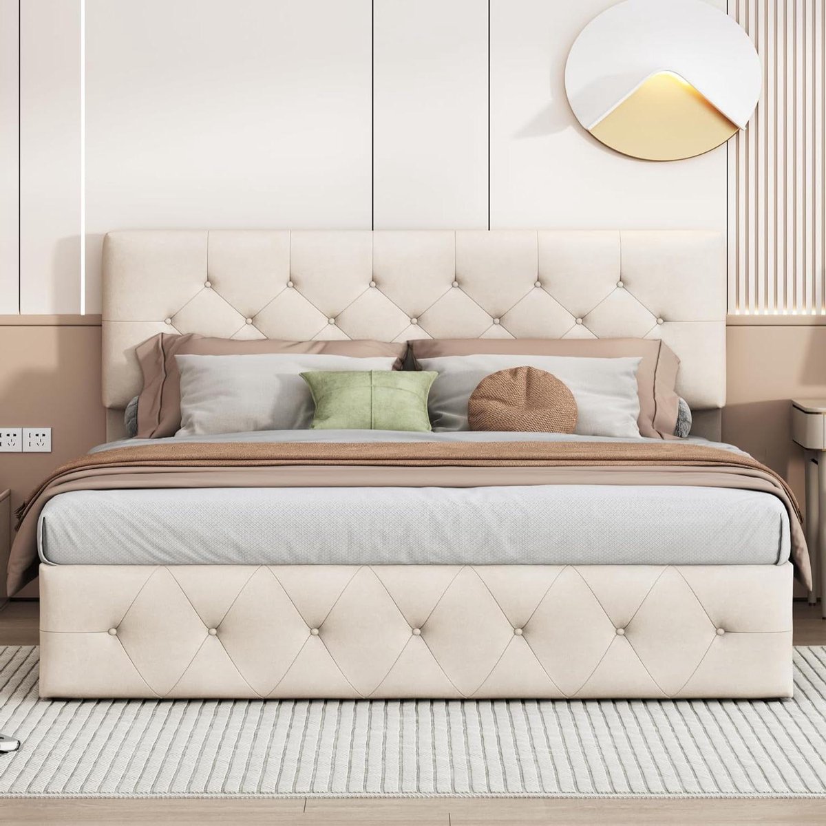 Gestoffeerd Bed - Tweepersoonsbed - Opbergen - Hydraulisch Hefmechanisme - 160 x 200 cm - Beige