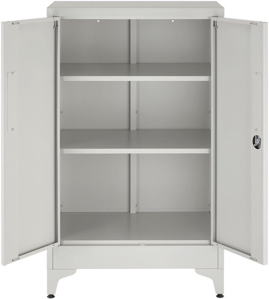 Grijze archiefkast met open deuren en drie blanco planken.