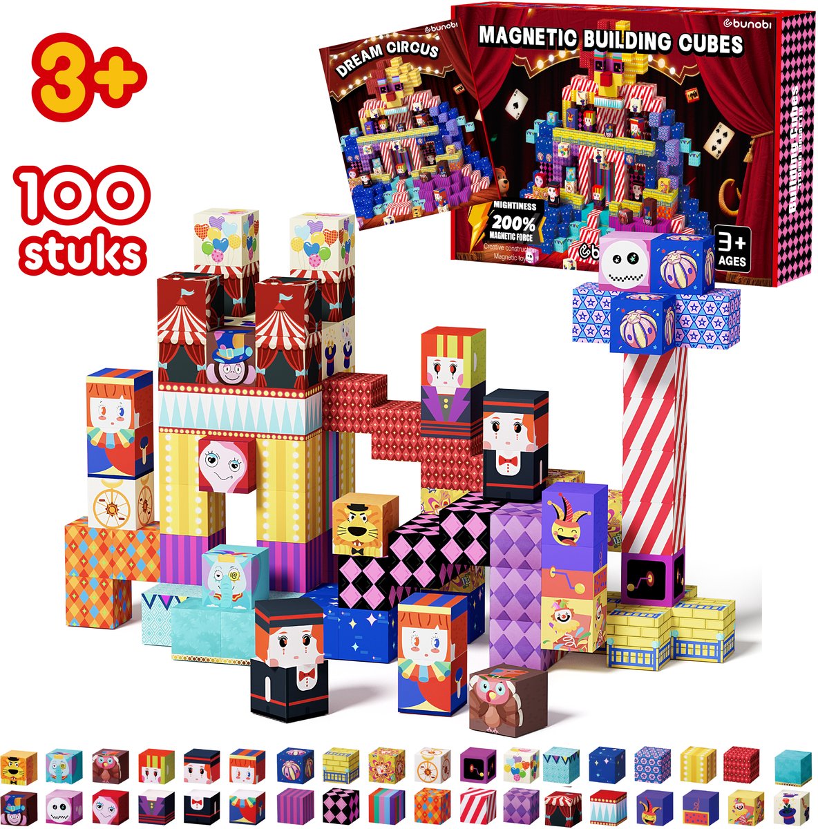 Bunobi® Magnetisch Speelgoed Circus – Magnetic Cubes 100 Stuks – Magnetische Bouwstenen - Magnetische Blokken – Montessori Speelgoed – Magneten Speelgoed