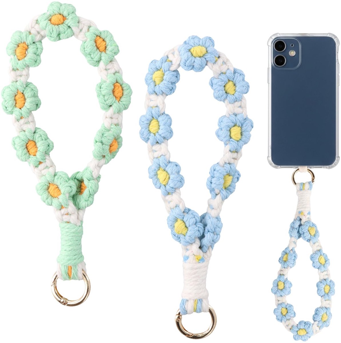 Dailygoods- Macraméarmbanden 2 stuks - Handgemaakte Sleutelhangers - Boho Koord - Polssleutelhanger - Charmante Accessoires - Katoengaren met Bloemenpatroon - Sleutelhanger