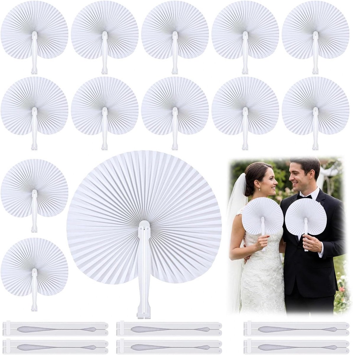 15 White Round Paper Fans – Foldable Handheld Fans – Designed for Wedding Guests – Decorative Round Folding Fans – Ideal for Bridal Showers, Church Gatherings, Dance Performances, and DIY Crafts
