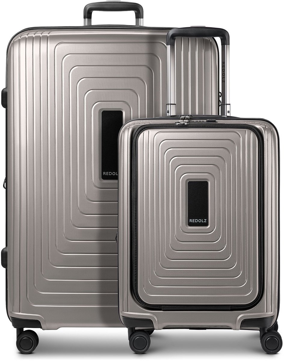 Redolz Essentials 14 4-wiel kofferset 2 stuks laptopvak met rekbare vouw - Harde bagage - TSA slot - coffee grey metallic