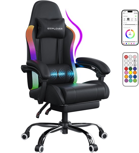 Zwarte gamingstoel met massagefunctie, LED-verlichting en afstandsbediening/app-bediening.