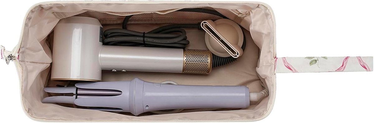 Grote gewatteerde reistas voor haarstylingtools met strikpatroon - Waterdichte opbergtas voor haarstylingaccessoires zoals de Shark FlexStyle, Dyson Airwrap föhn, krultang en Revlon haarstylingtools - Roze thumbnail 8